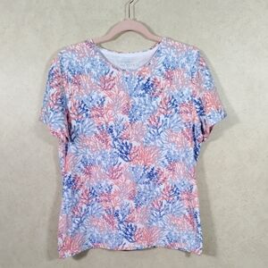 4181 Talbots blue & peach coral print S/S tee L